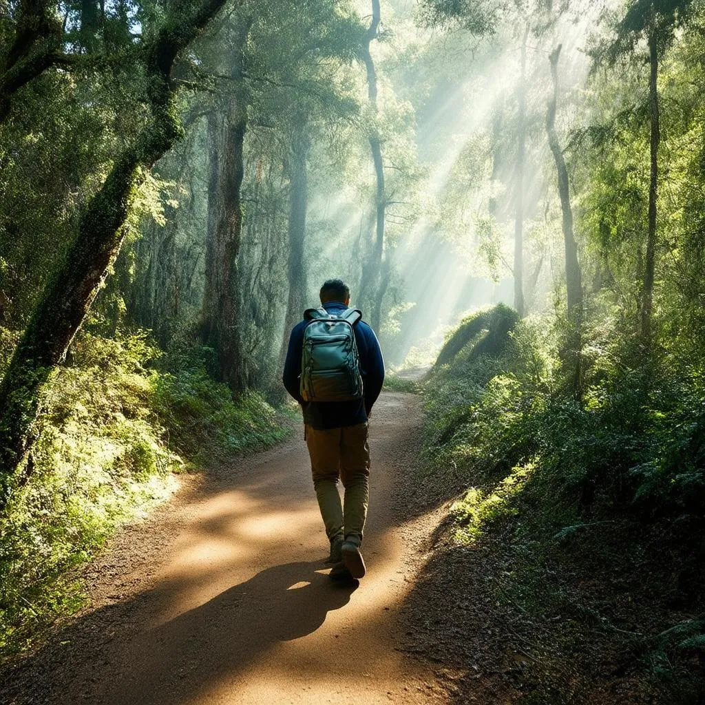 Traveler with Backpack on Winding Path