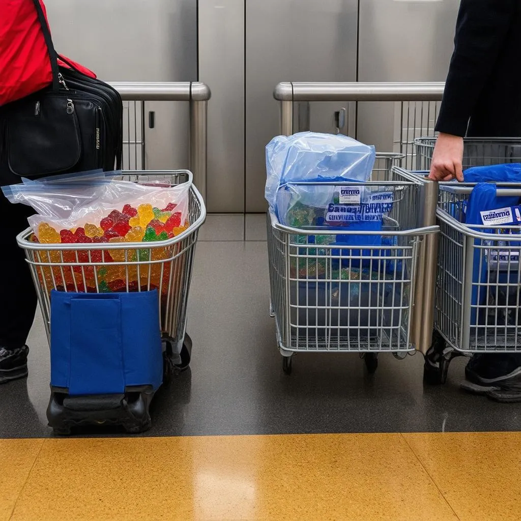 traveler at airport security with gummies