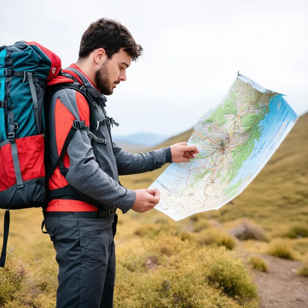 Traveler with Backpack and Map Studying Potential Routes