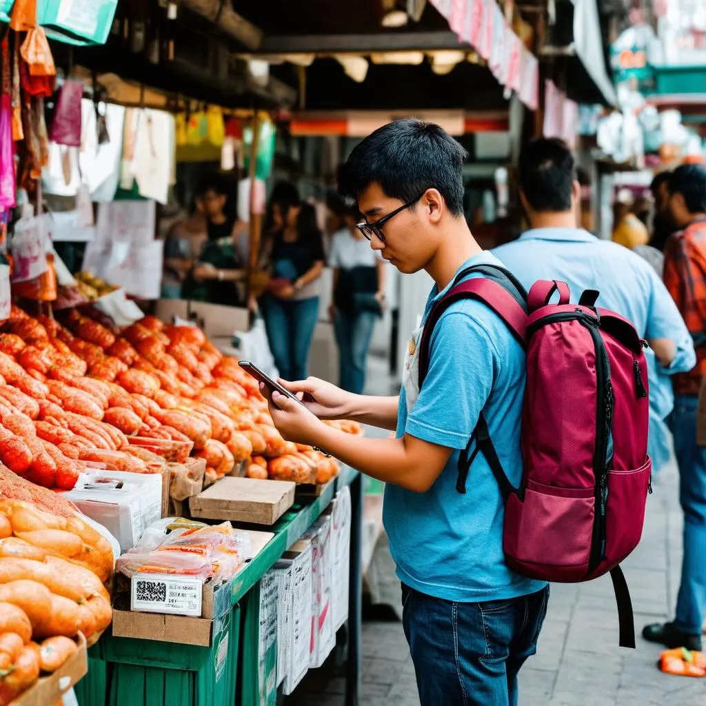 Modern traveler using phone for payment