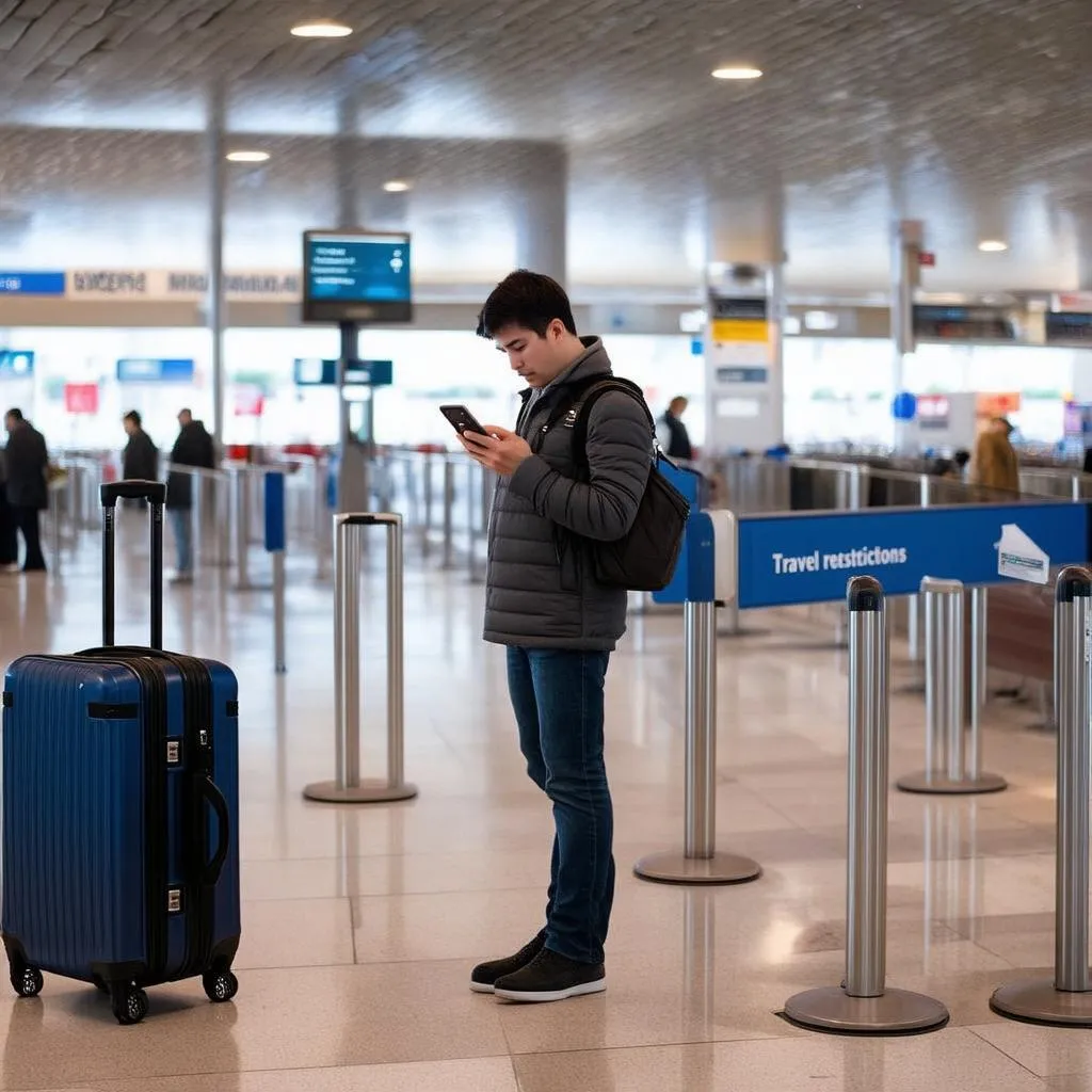 Traveler with suitcase checking travel restrictions on their phone