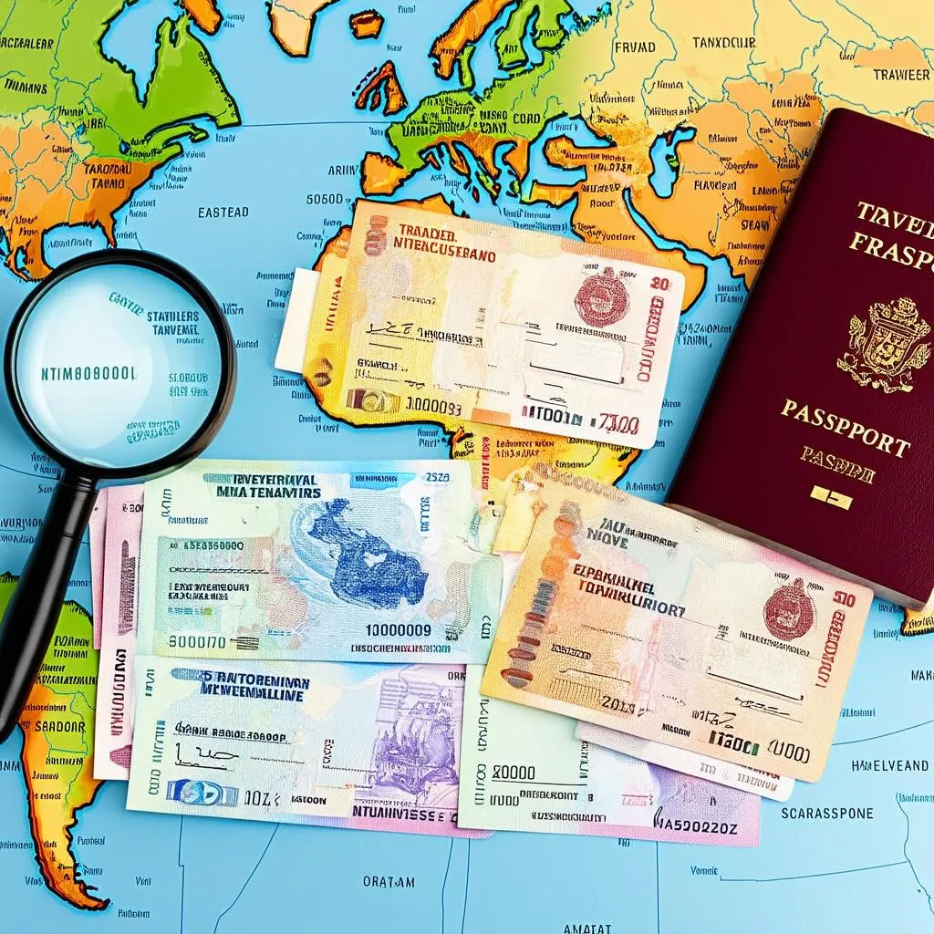 Traveler's cheques and passport on a world map