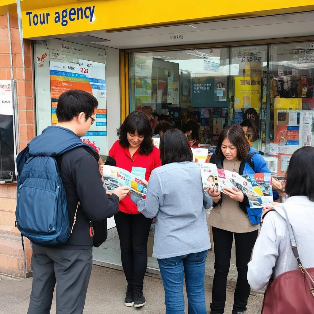 Tourists comparing prices of different tour packages