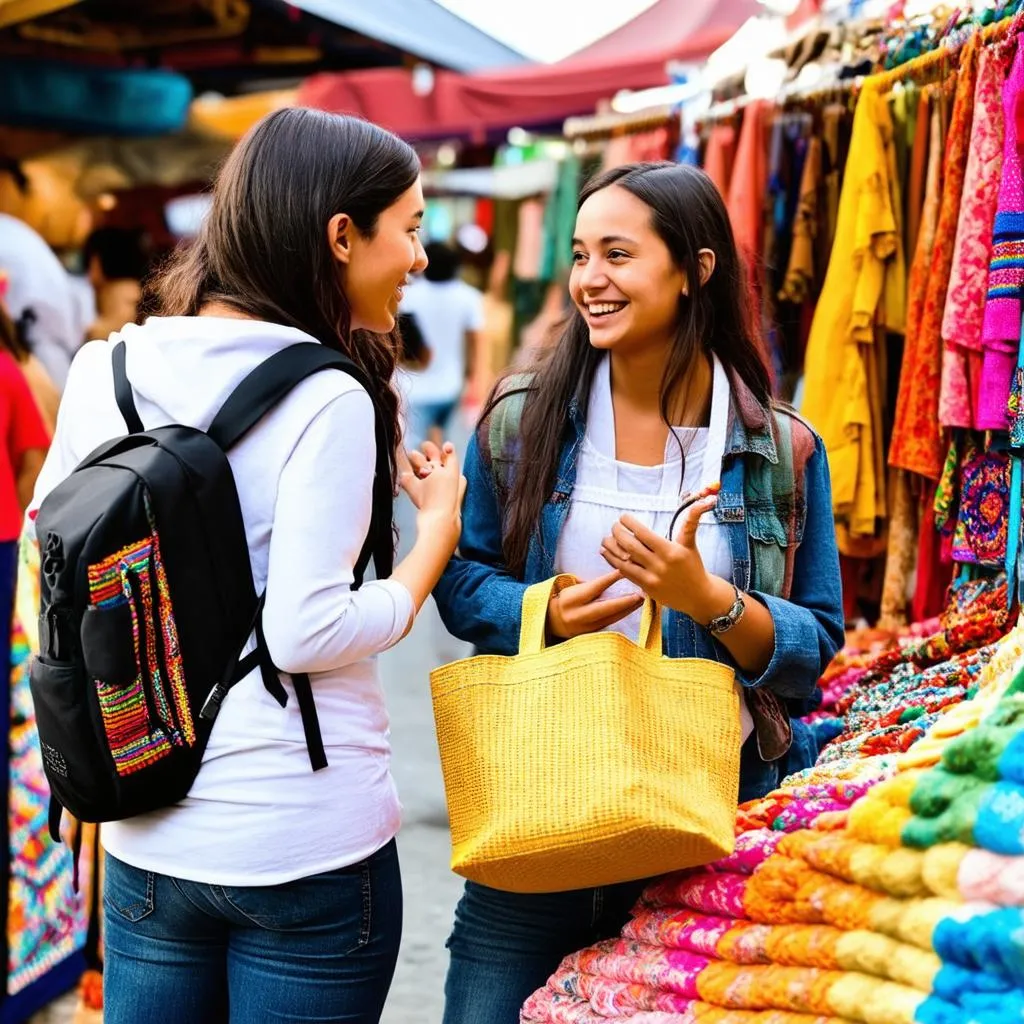 Travelers connecting at local market