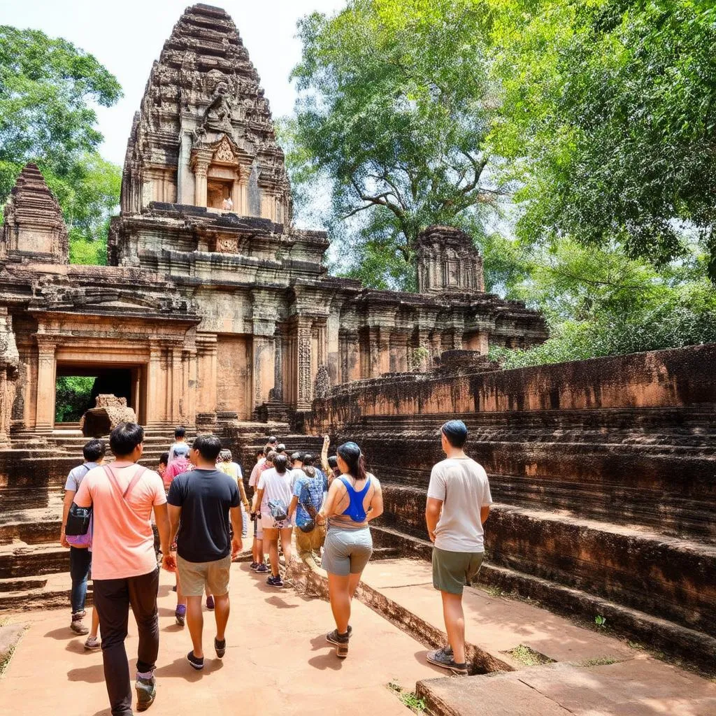 travelers exploring ancient temple