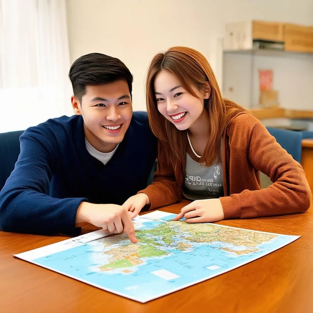 Couple planning a trip together, looking at a map and smiling.