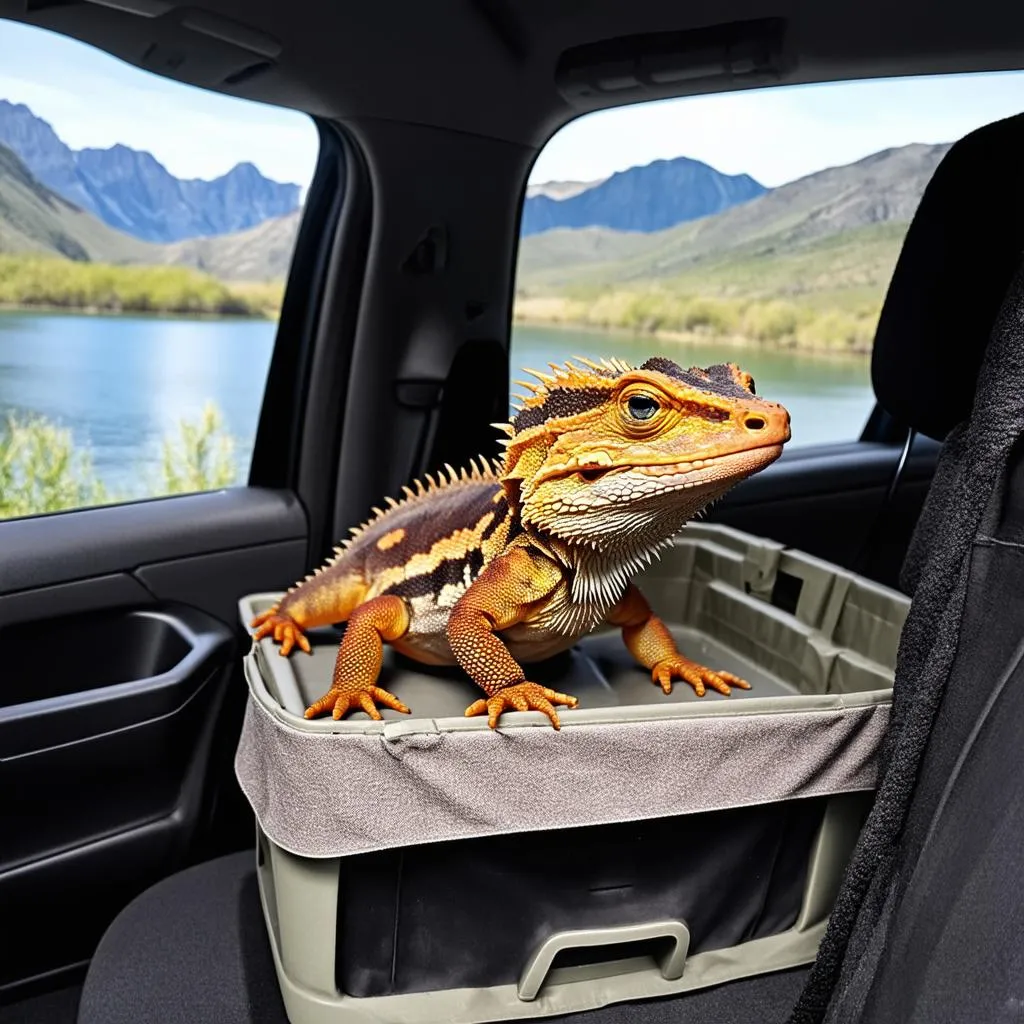 Bearded dragon in a carrier