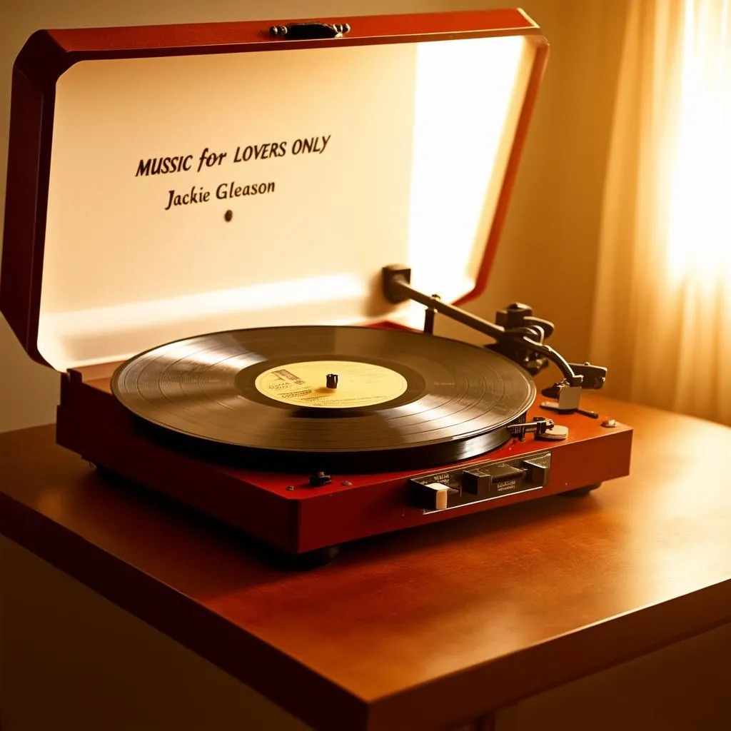 Vintage record player with "Music for Lovers Only" by Jackie Gleason playing, evoking a sense of wanderlust and romantic travel.