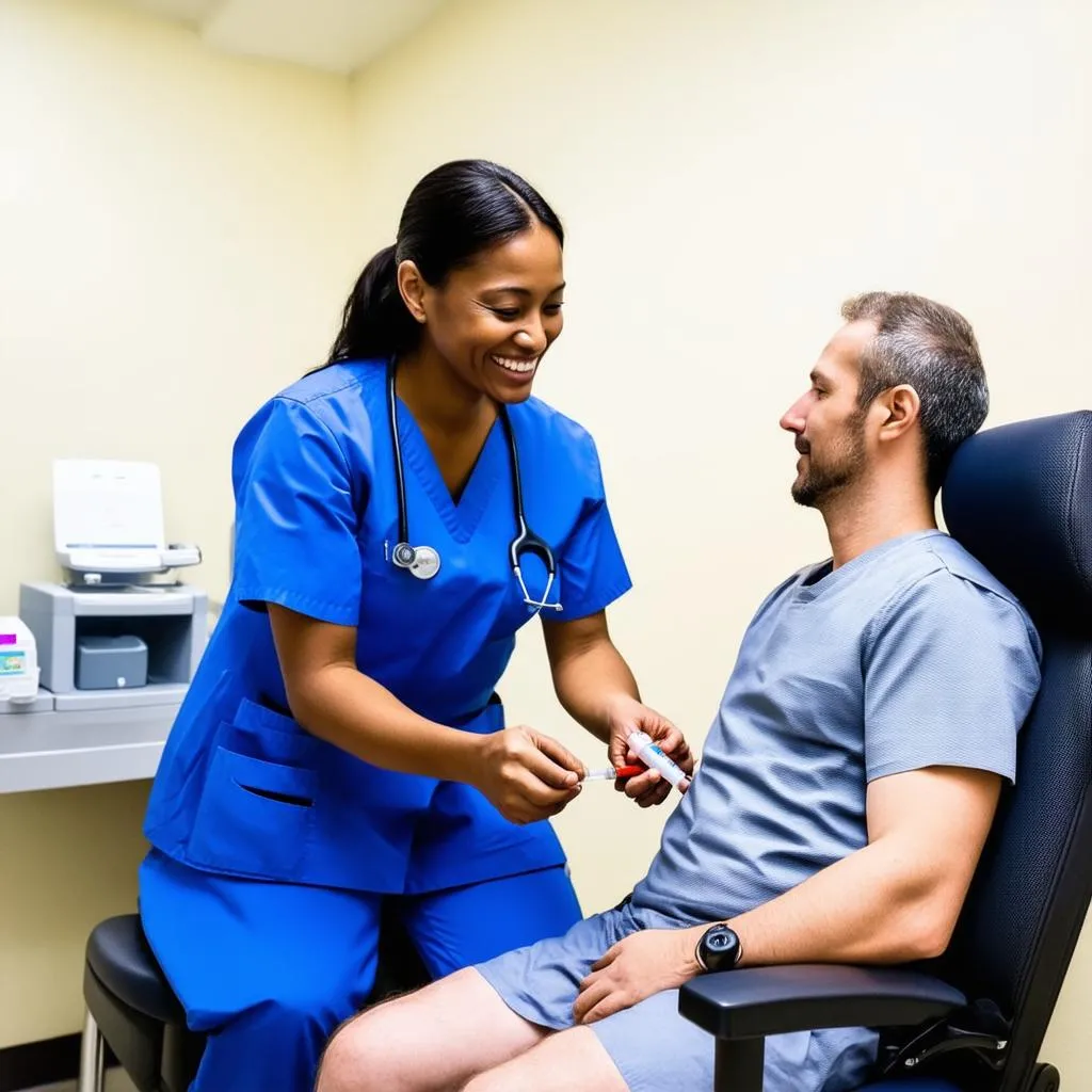 A traveling phlebotomist collecting blood sample from patient