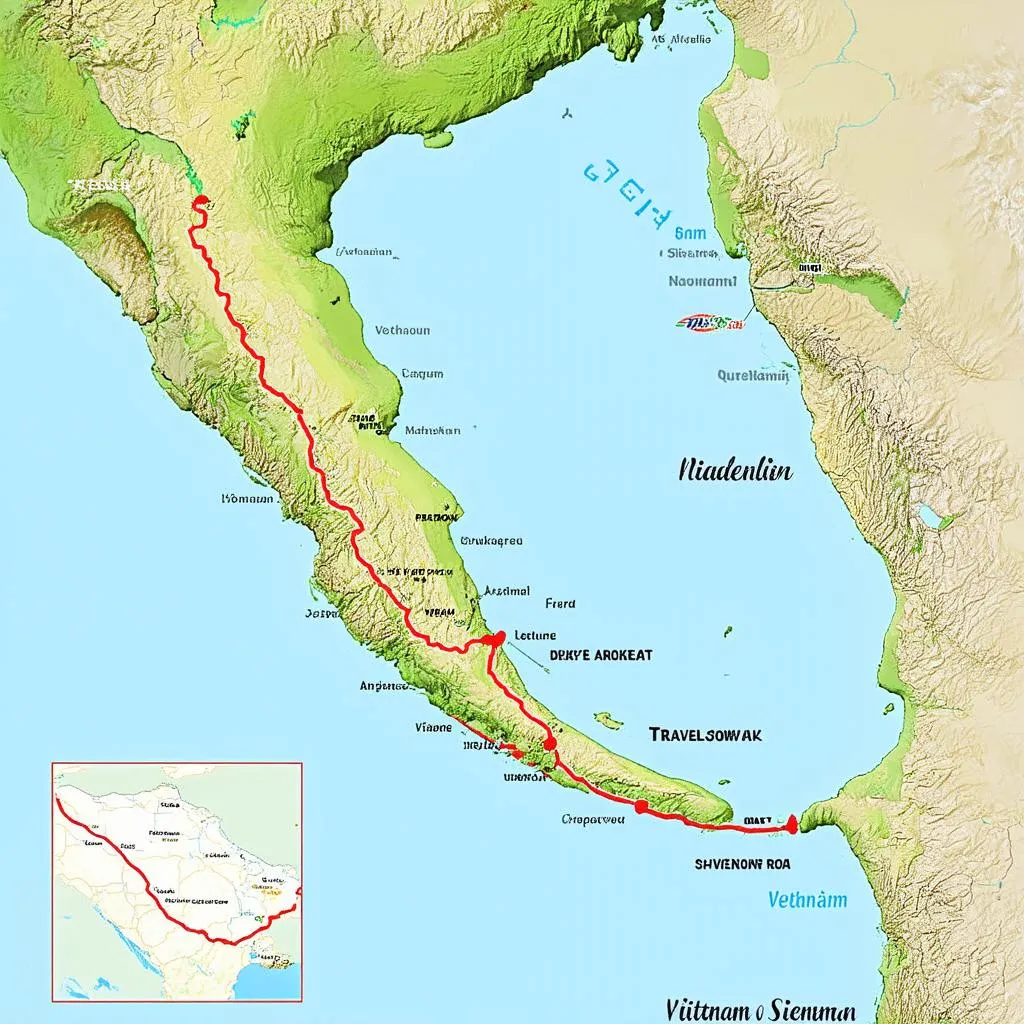 Map of Vietnam with a route highlighted