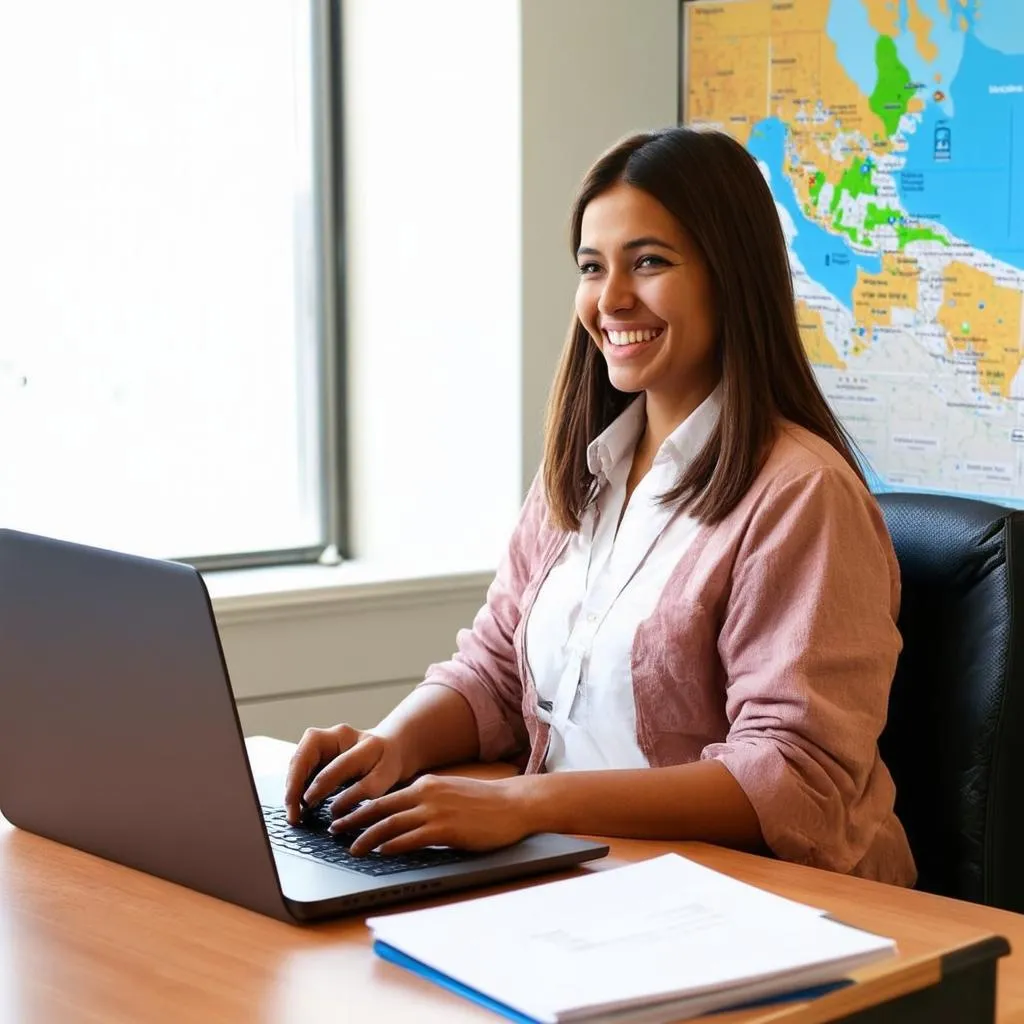 Traveling social worker working on laptop