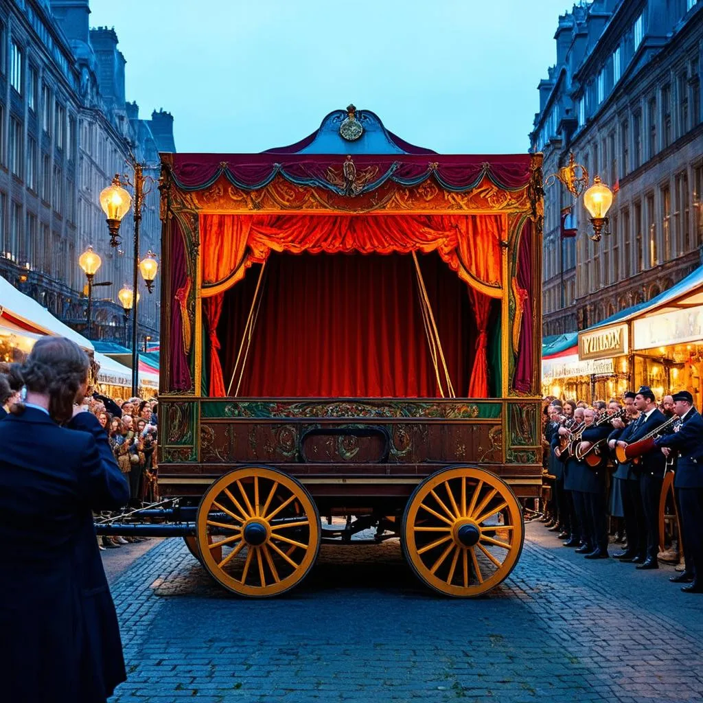 Victorian London: A traveling wagon stage sets up in a bustling marketplace.