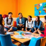 Travellers meeting at a hostel