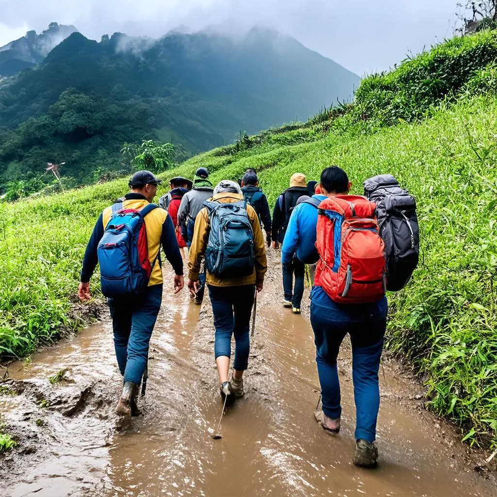 Tourists trekking in Sapa