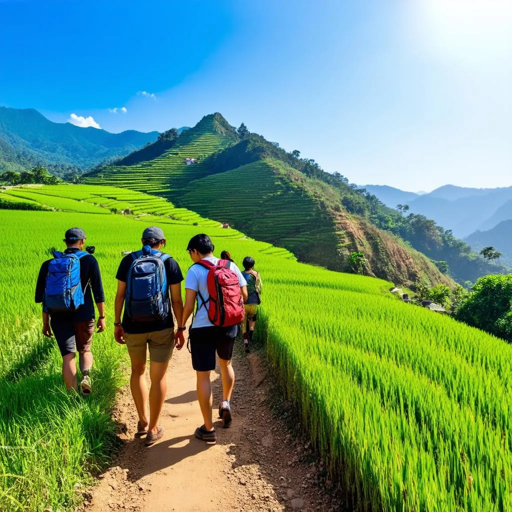 Tourists trekking through rice fields