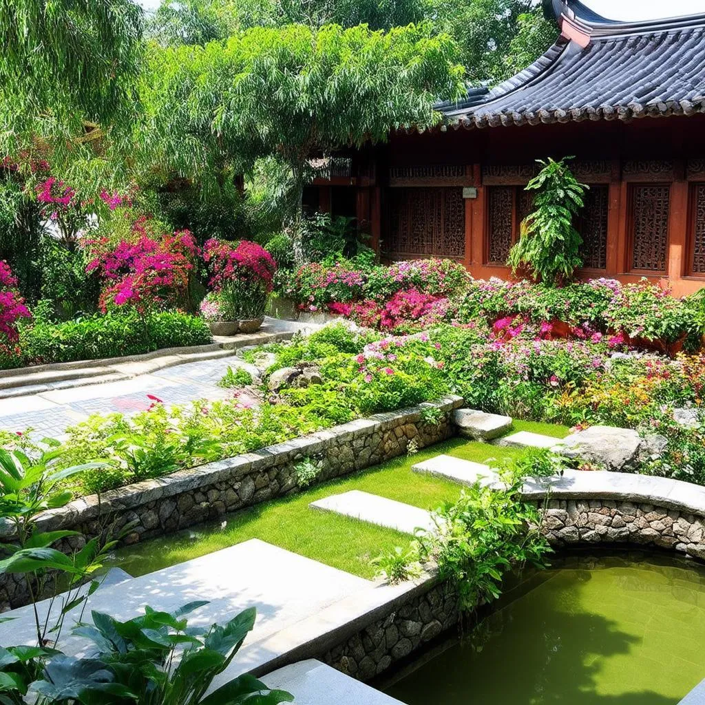 Tranquil gardens at Truc Lam Vien