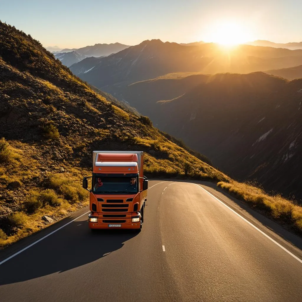 A truck driver navigating a winding mountain road at sunrise