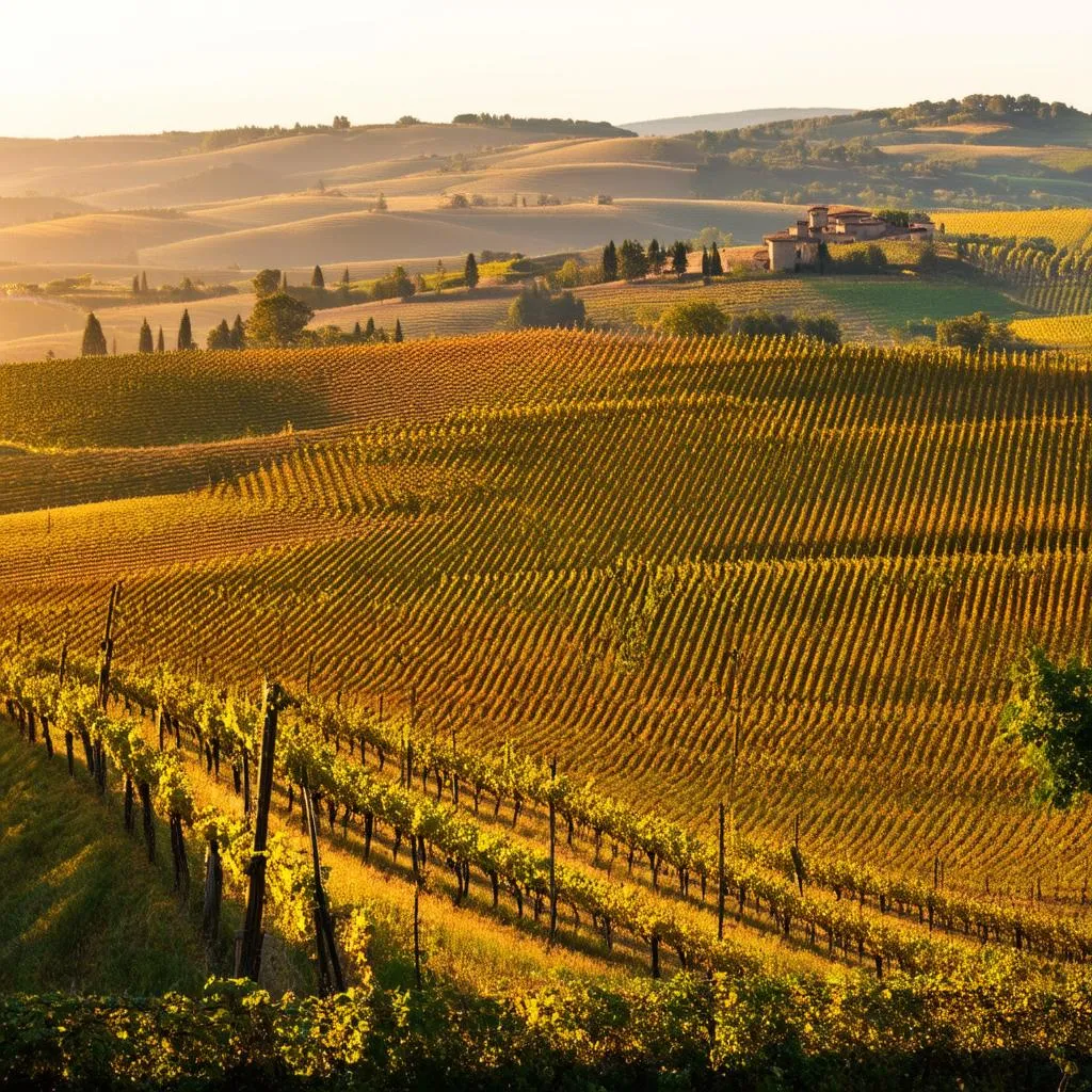 Tuscan vineyards in the golden light of sunset