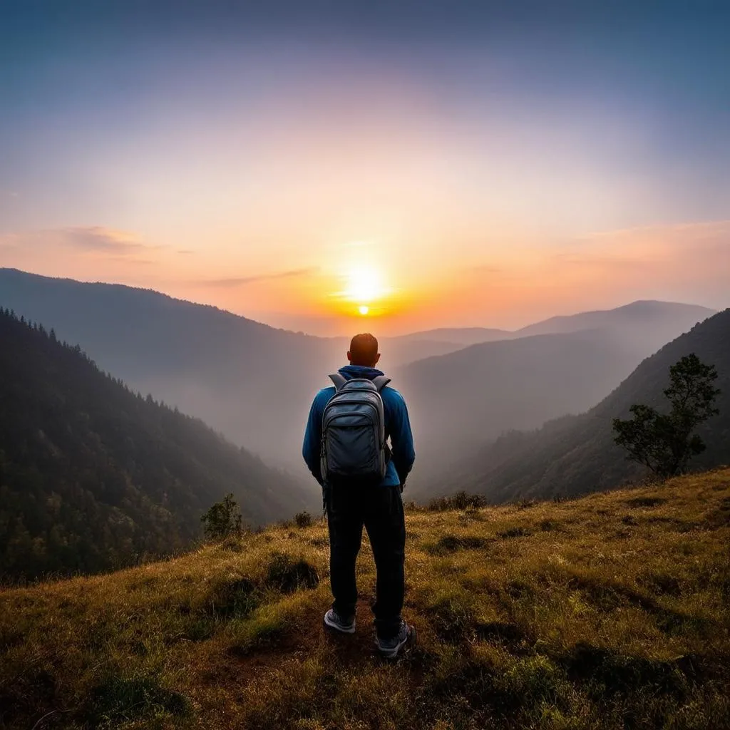 A lone traveler with a backpack gazing at a breathtaking sunset over a misty valley.