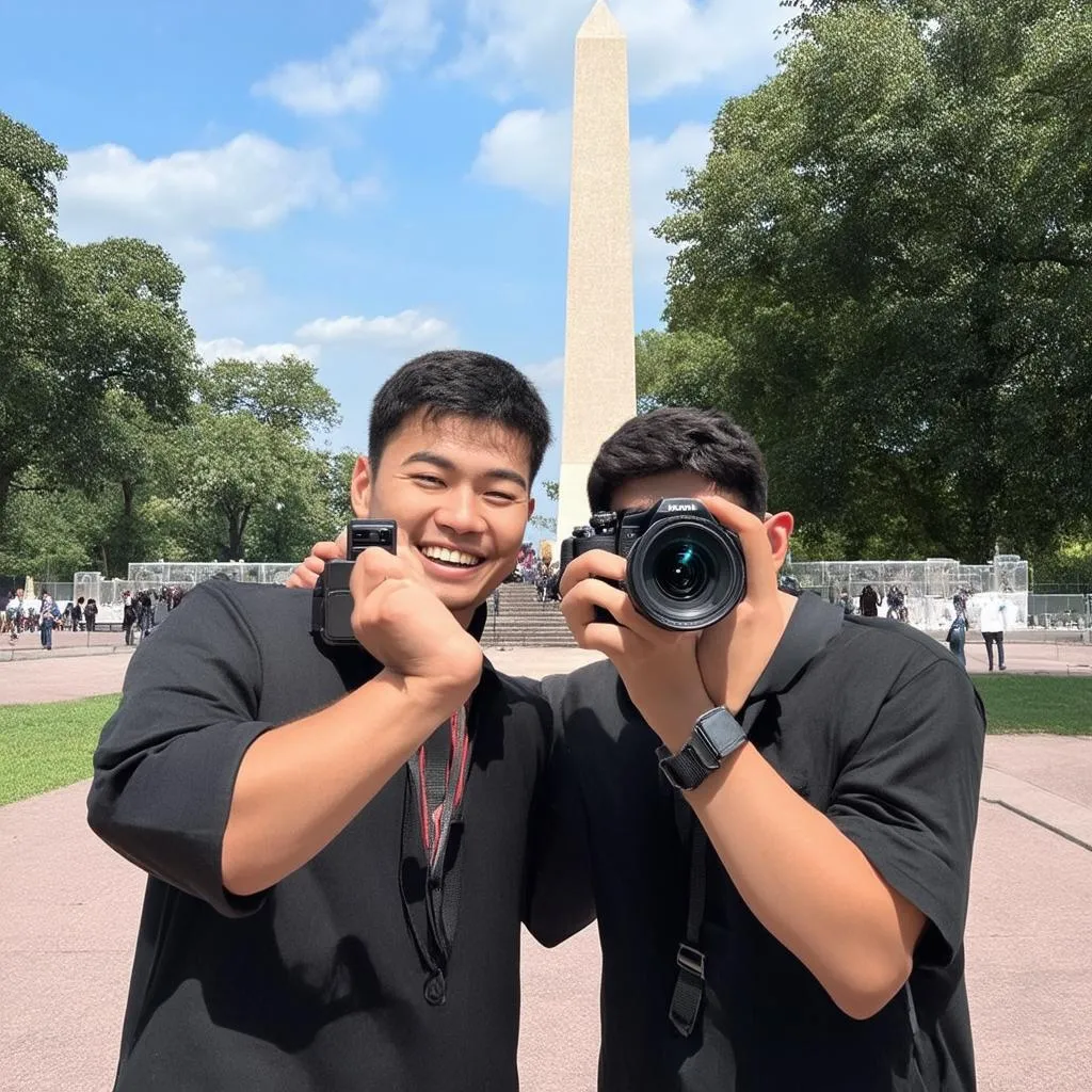 Two travelers, probably brothers, taking pictures at a famous landmark, with a professional camera.