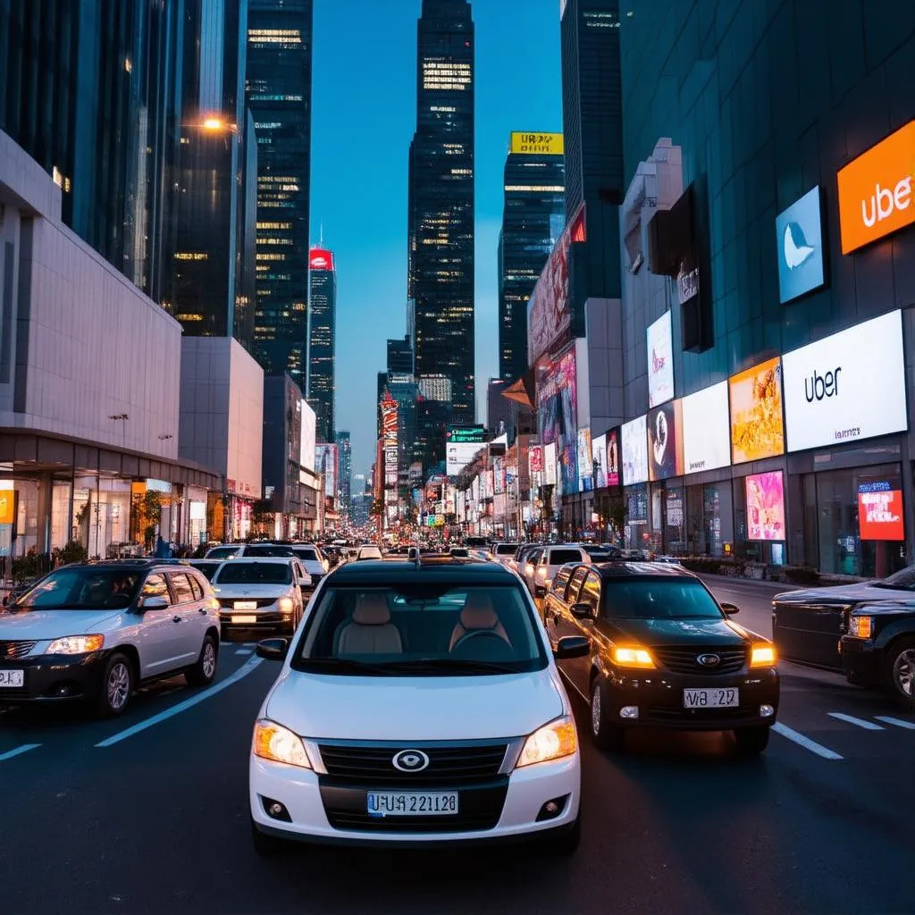 Uber in the city at night