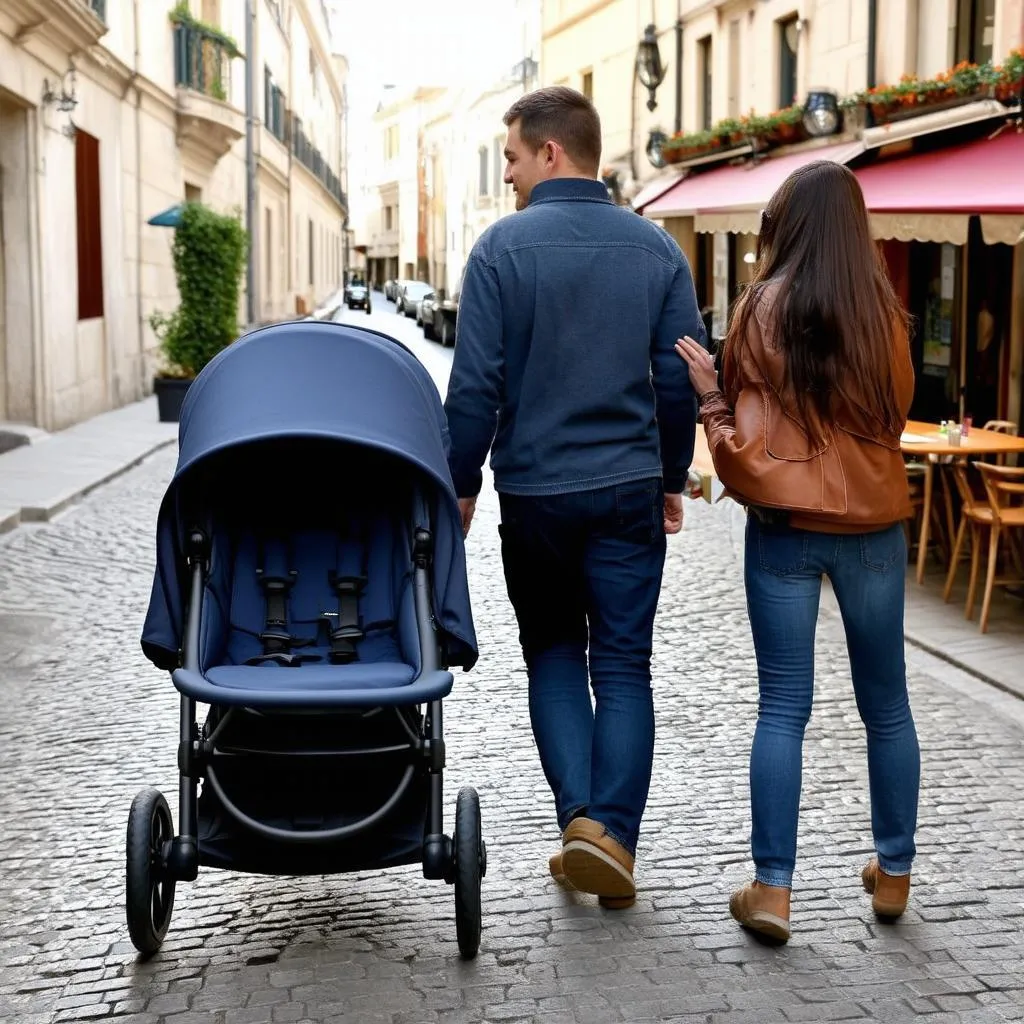 Uppababy Vista on a cobblestone street