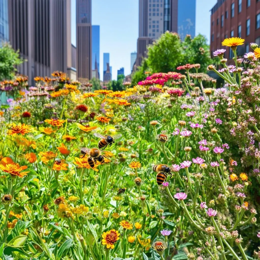 A bee buzzing around flowers in a colorful urban garden