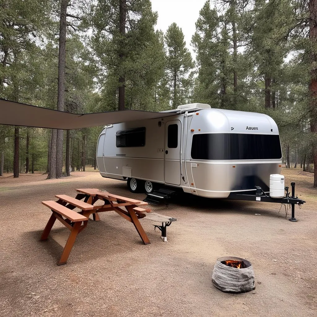 Used travel trailer parked at a campground