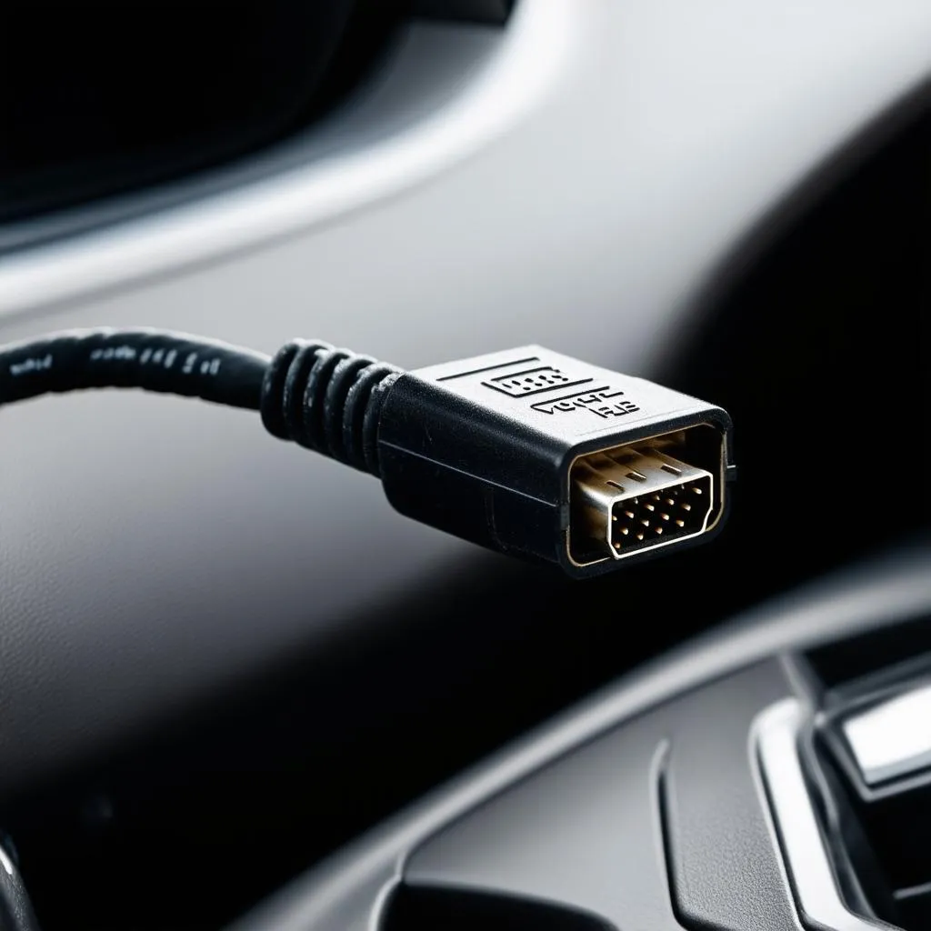 VCDS cable plugged into a car's OBD-II port