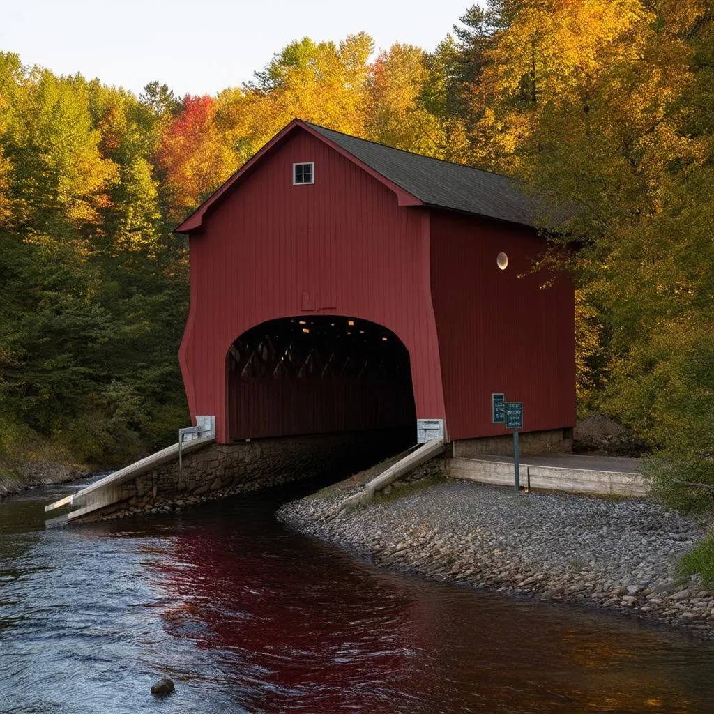 A covered bridge in Vermont during the partial solar eclipse