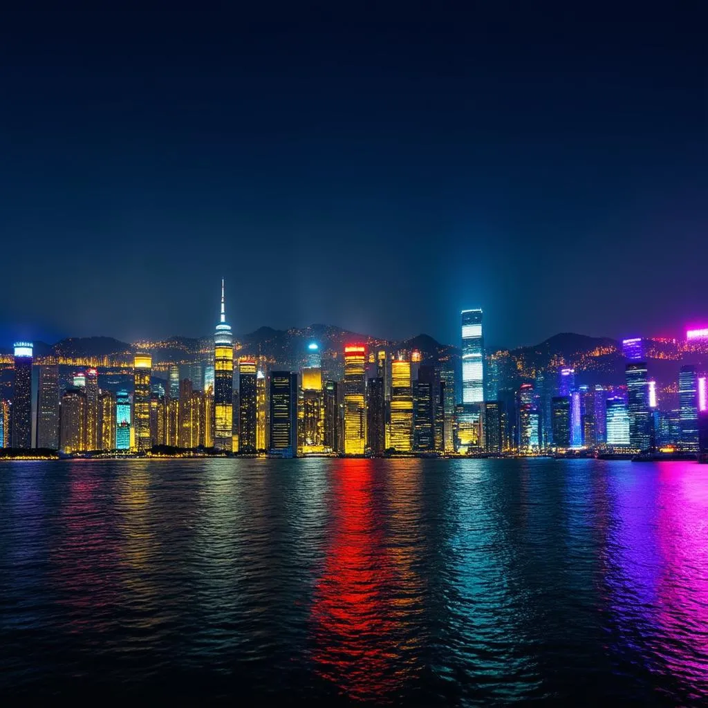 Hong Kong skyline at night from Victoria Harbour.