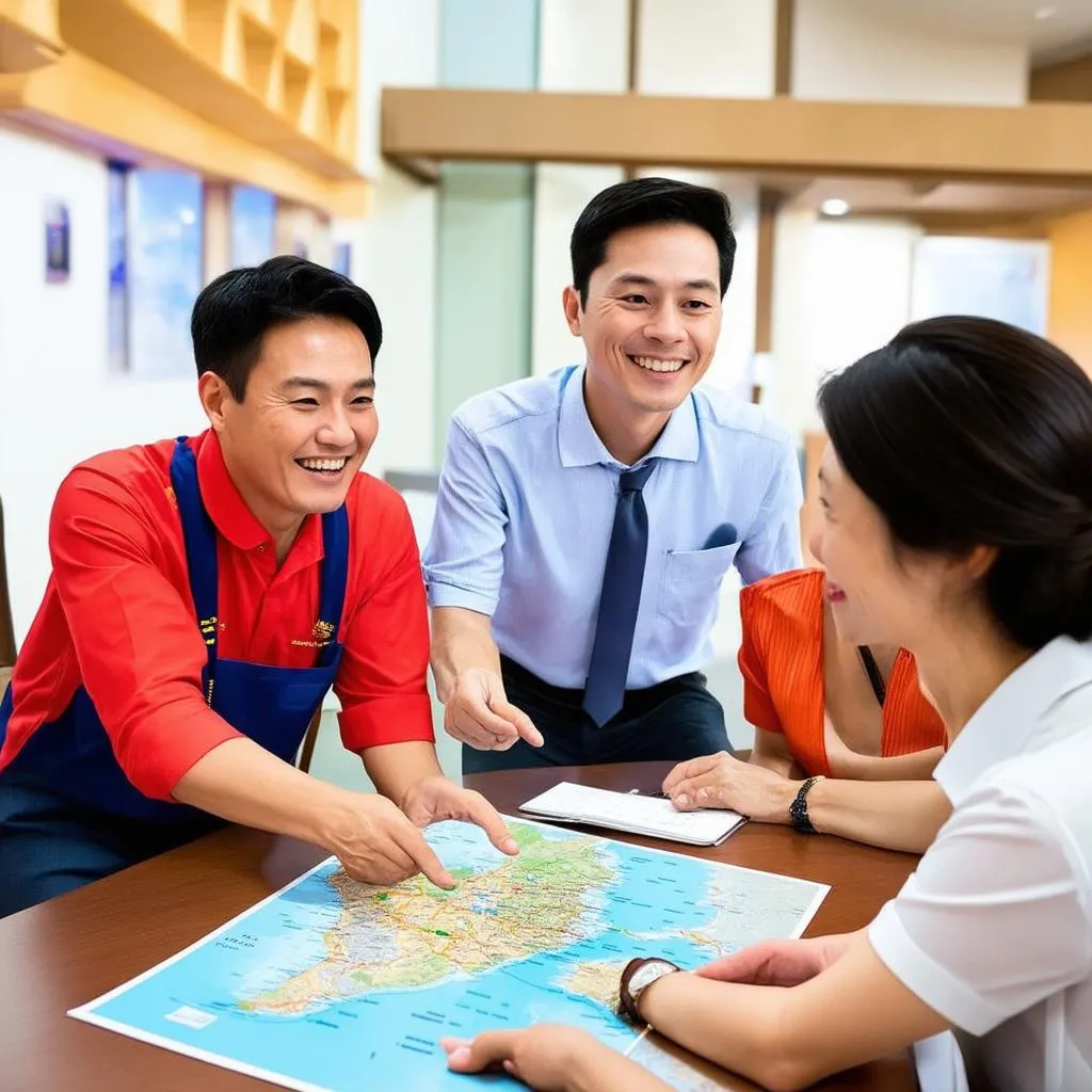 Travel agent talking to a couple