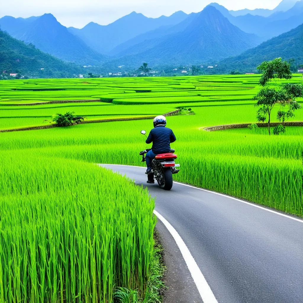 Motorbike journey through rice paddies