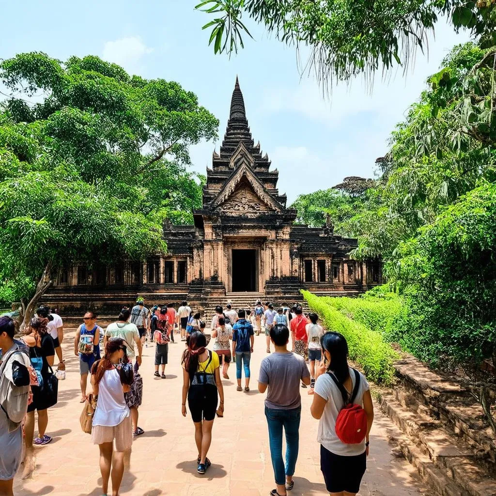 Tourists exploring ancient temples in Vietnam