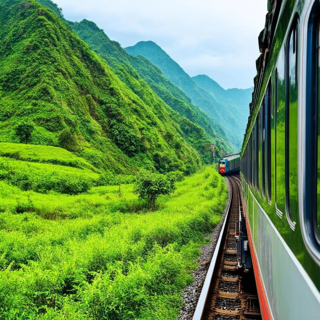 Train winding through mountains in Vietnam