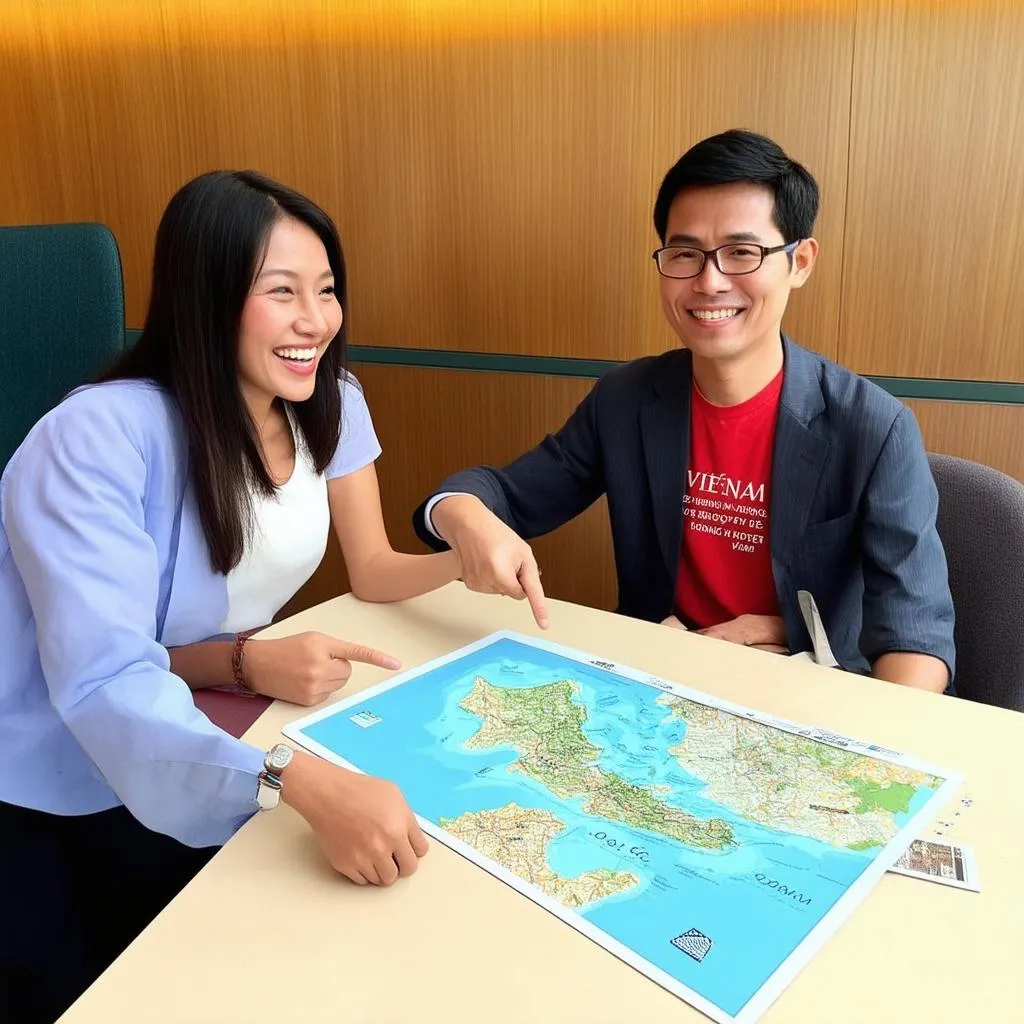 Couple planning a trip to Vietnam with a travel agent