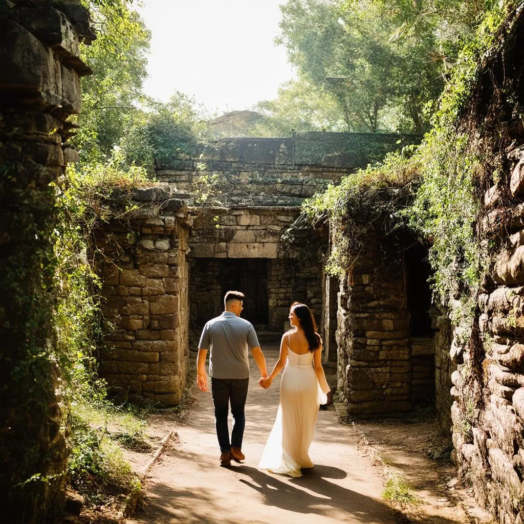 Couple exploring ancient temple ruins