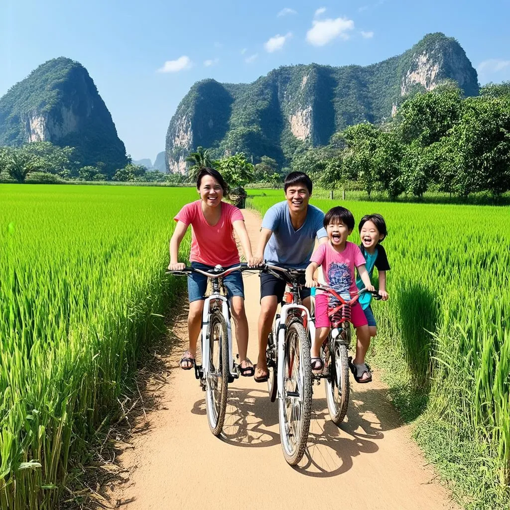 Family Enjoying a Scenic Bike Ride through Rice Paddies in Vietnam