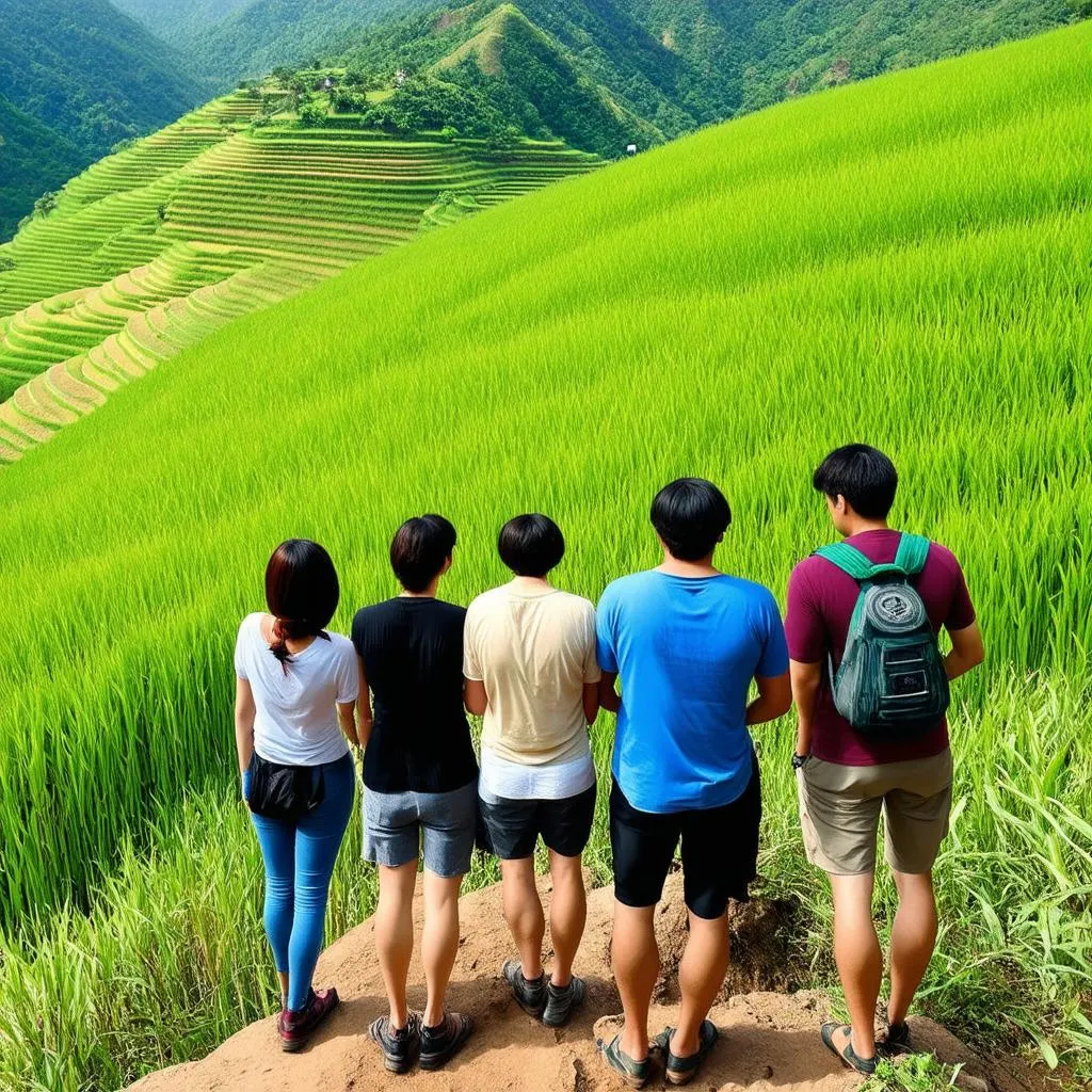 Group of tourists enjoying a scenic view in Vietnam