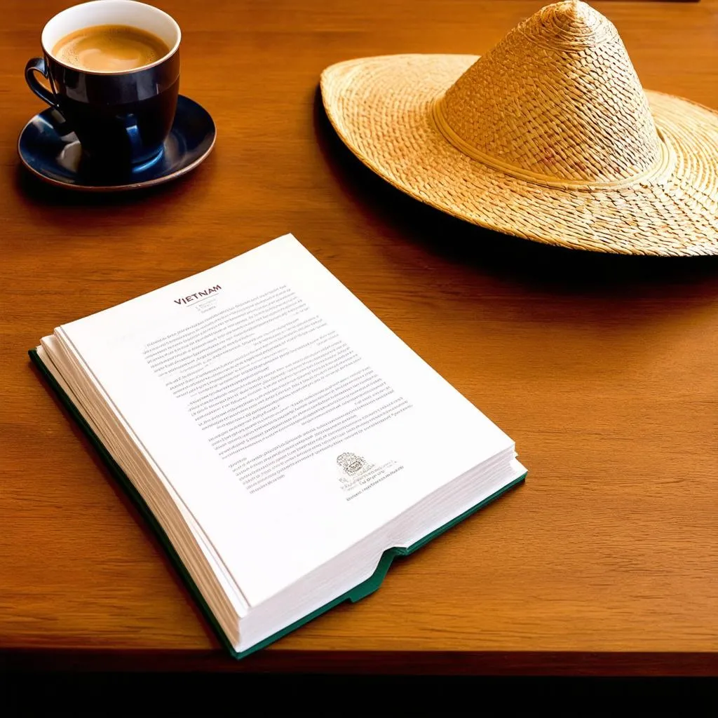 Vietnam travel guide open on a table with a cup of Vietnamese coffee and a traditional Vietnamese hat