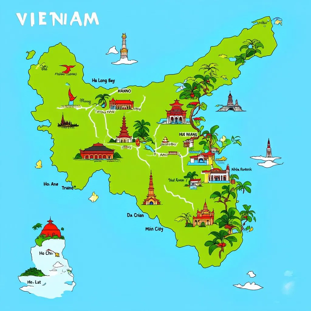 Map of Vietnam highlighting key tourist destinations