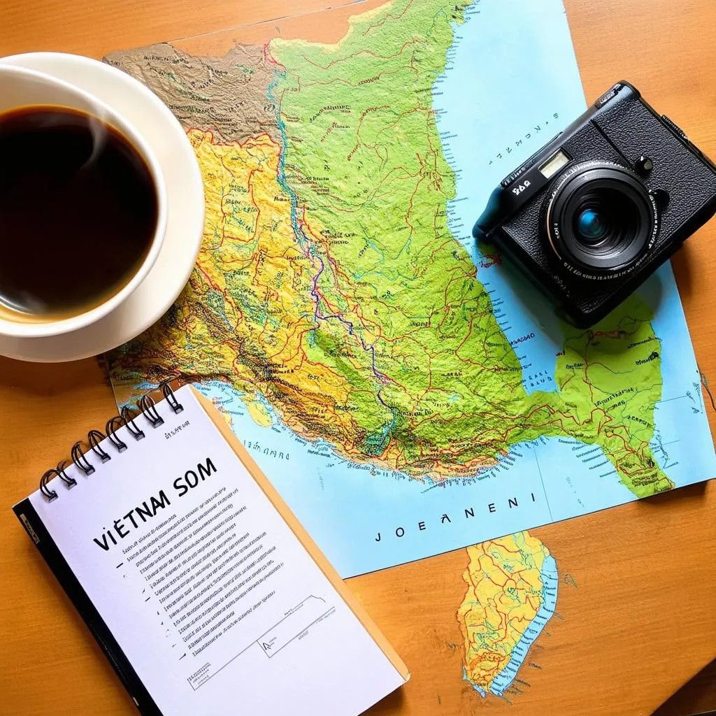 Planning a trip to Vietnam with a map and guidebook