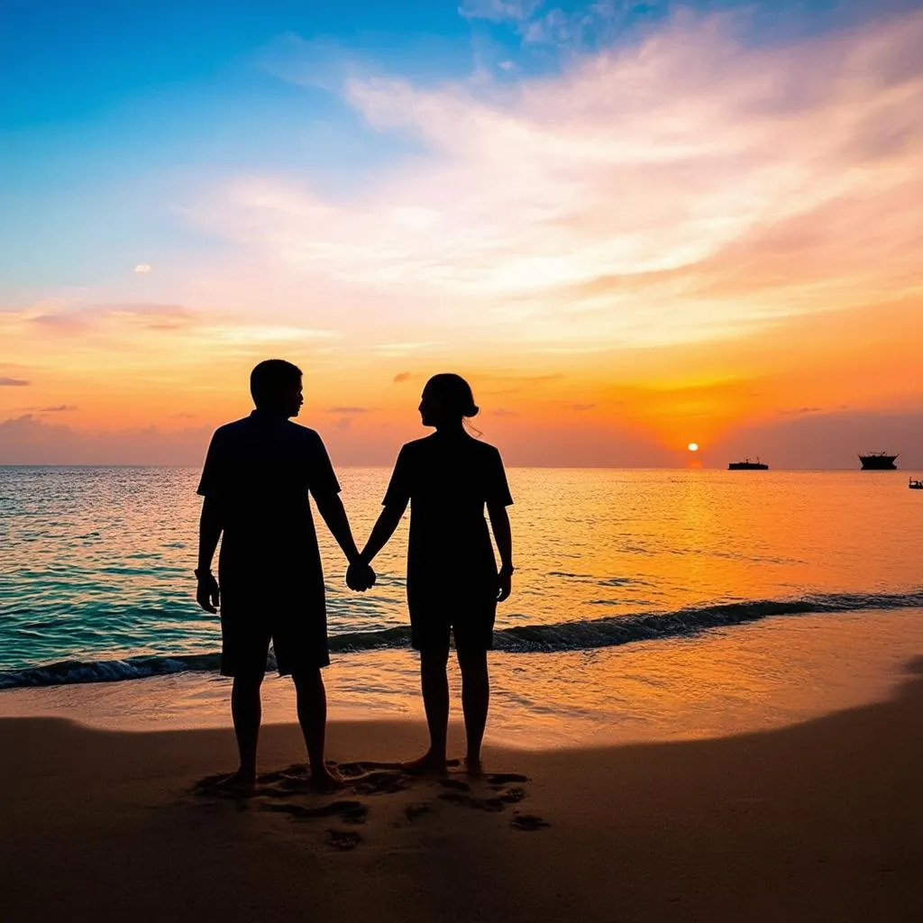 Couple watching sunset on Vietnamese beach