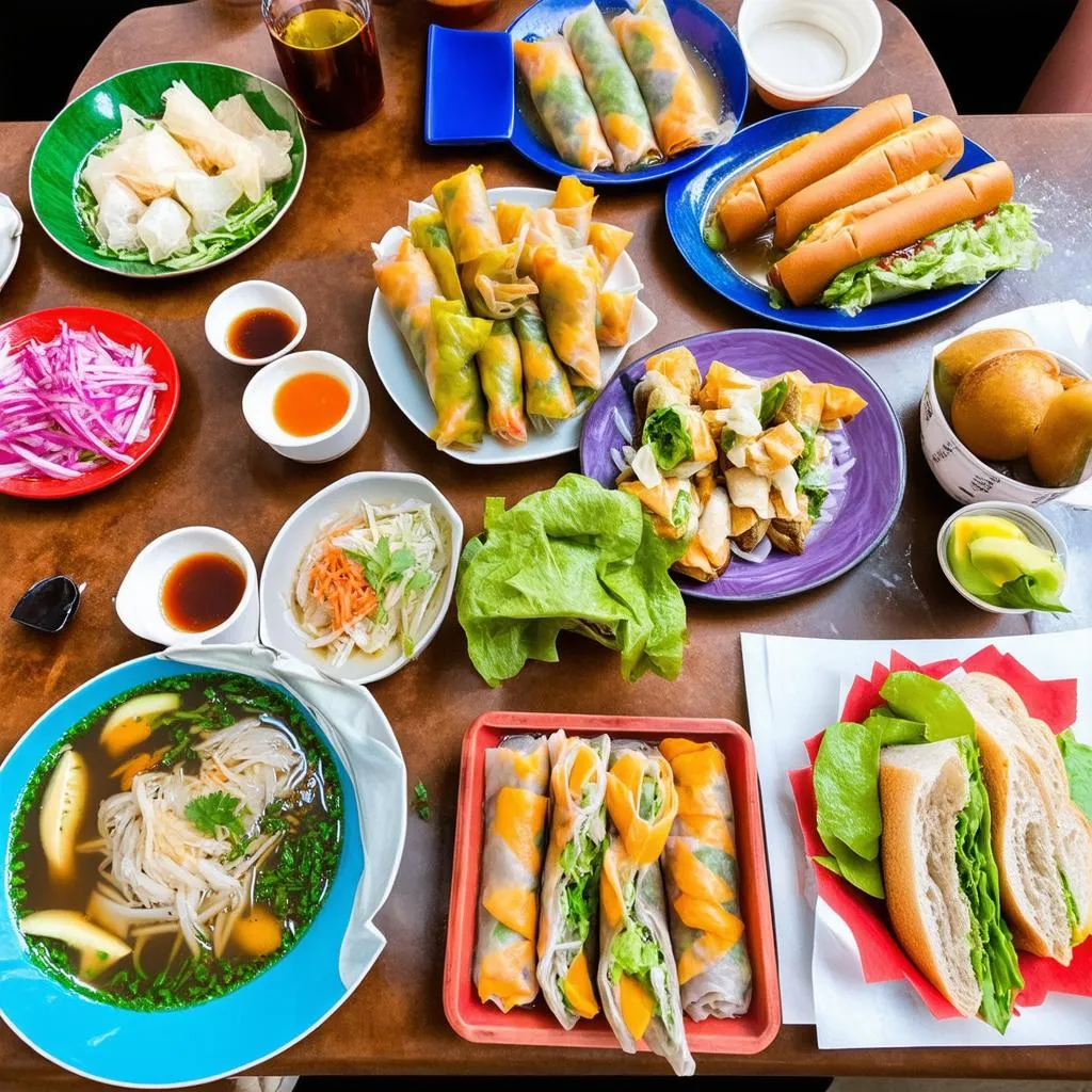 Delicious Vietnamese food spread on a table