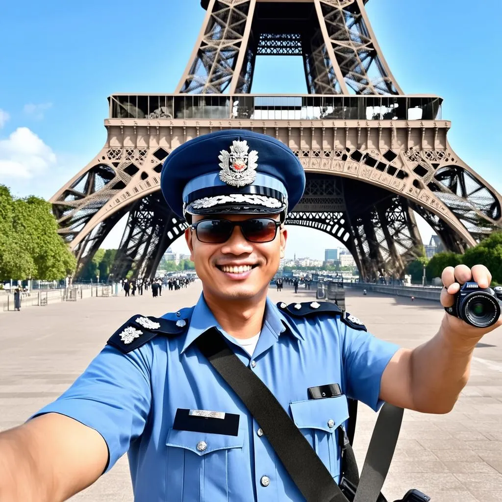 Vietnamese police officer in front of the Eiffel Tower