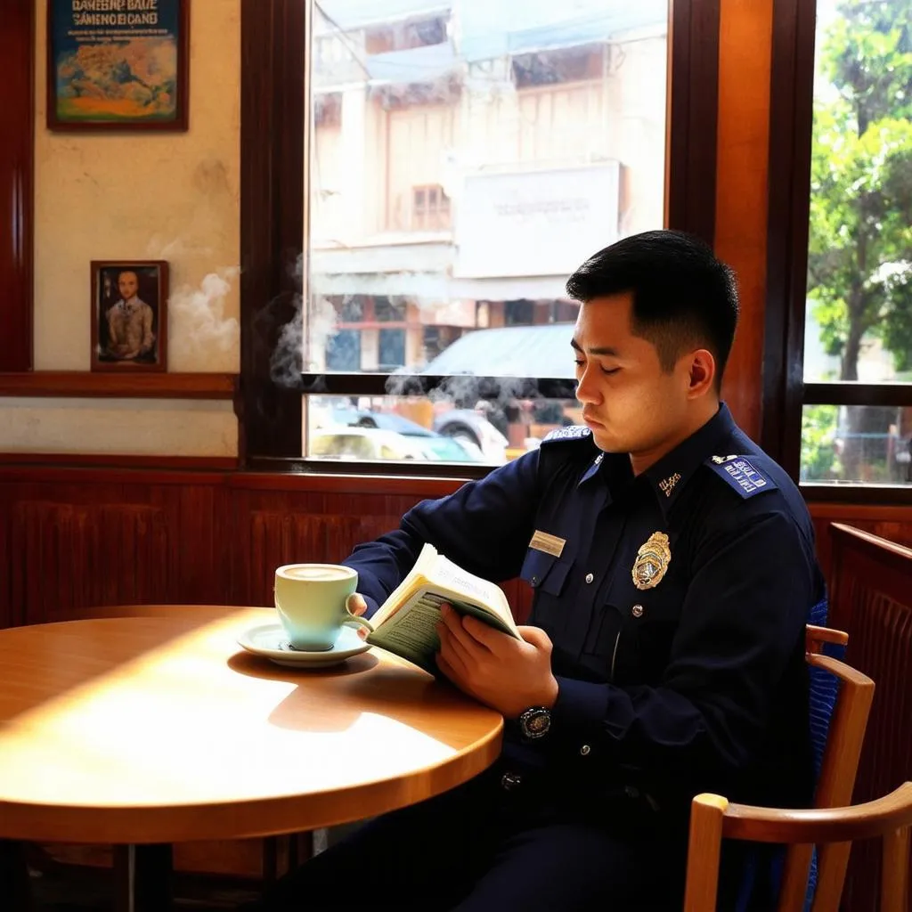 Vietnamese police officer reading a travel guide at a cafe