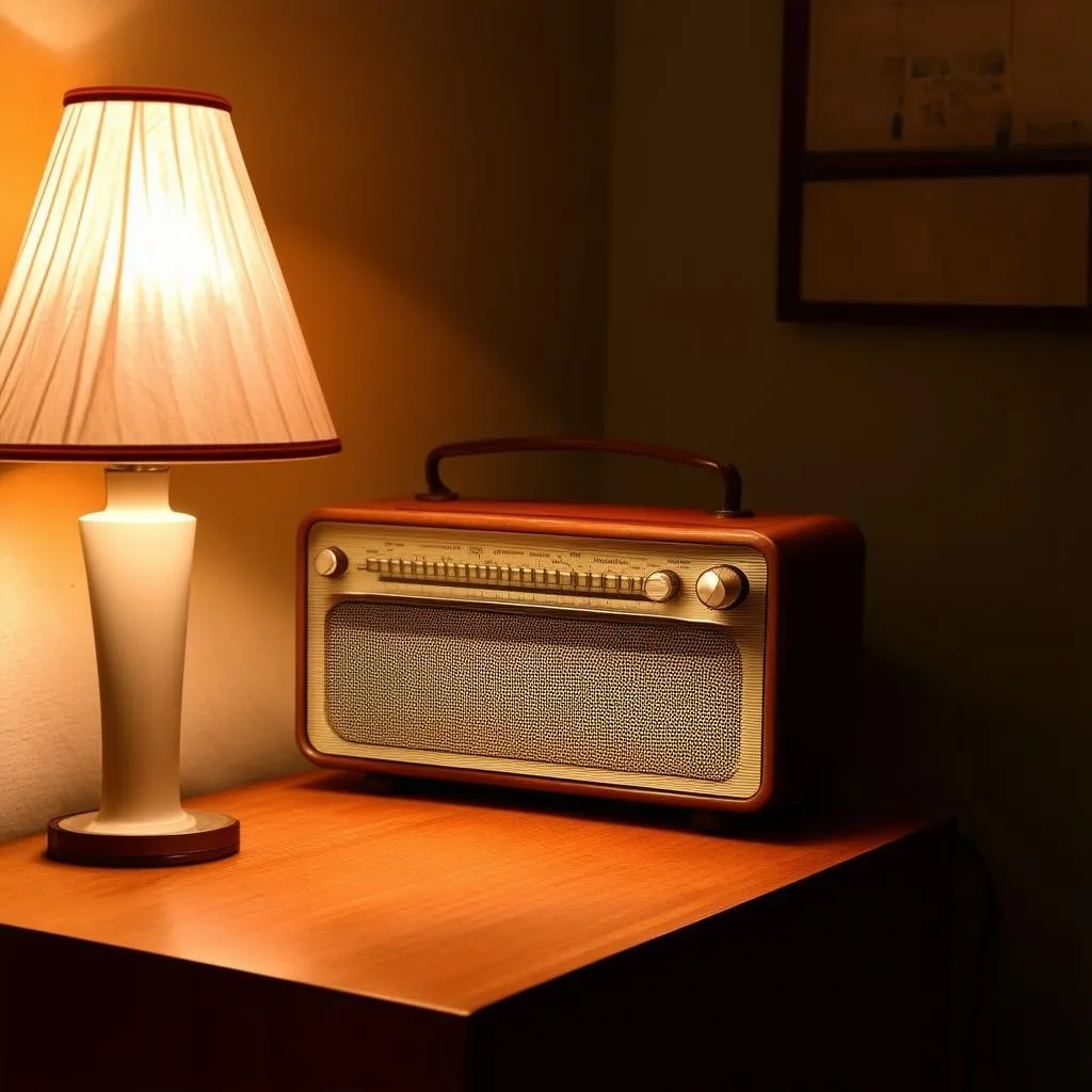 old-fashioned AM radio on a wooden nightstand with a warm lamp glowing in the background