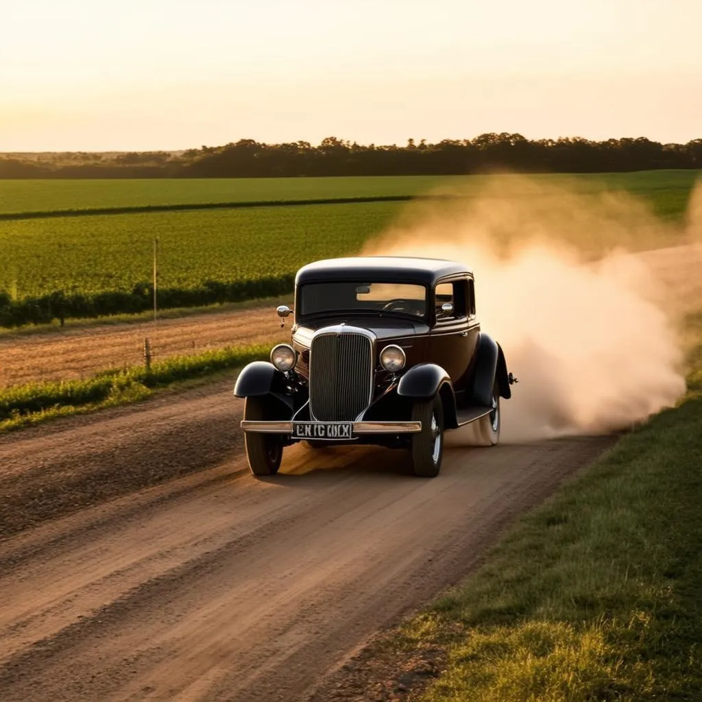 Vintage car driving down an open road with fields on either side.