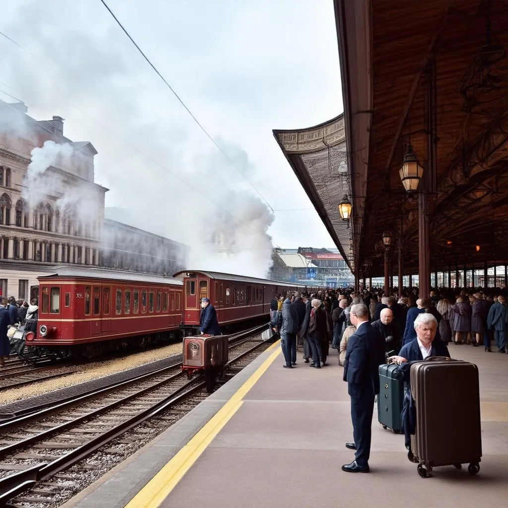 A Bustling Vintage Train Station