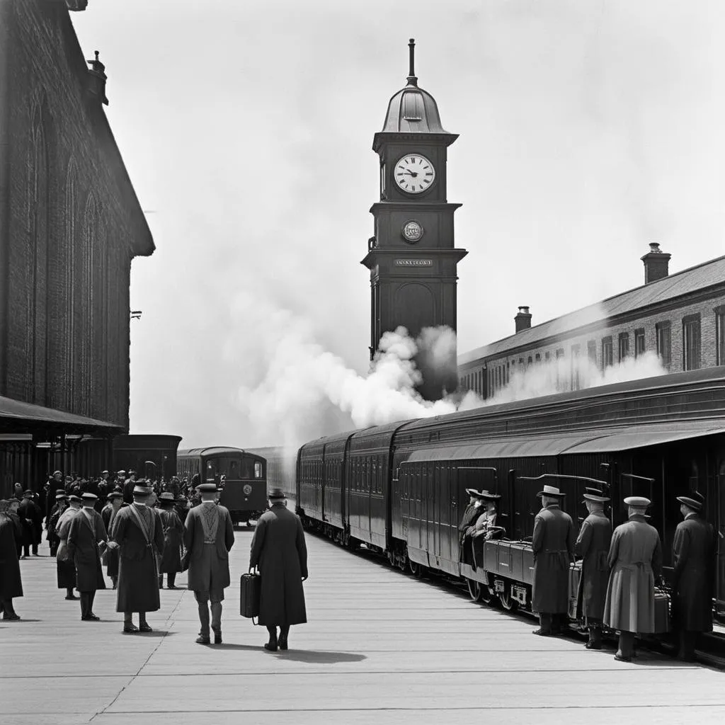 Vintage Train Station Bustling with Travelers